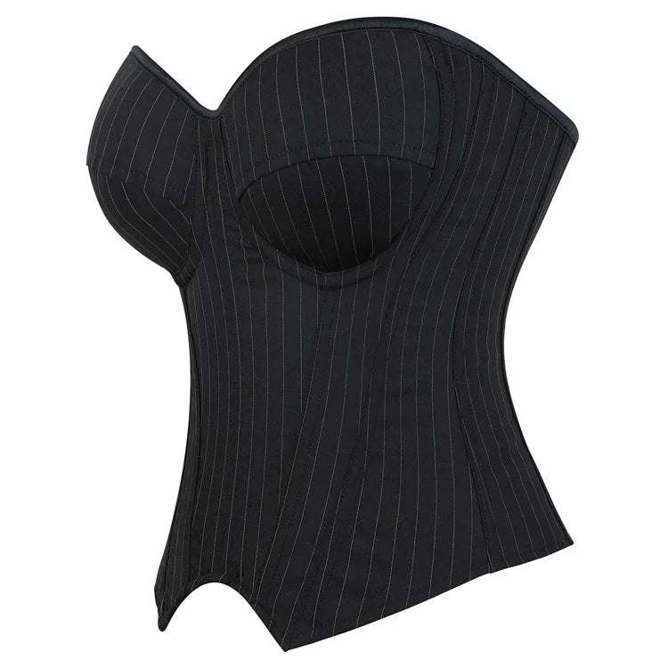 Black Striped Overbust Corset Top Zipper Front Lace-Up Bustier Body Shaper