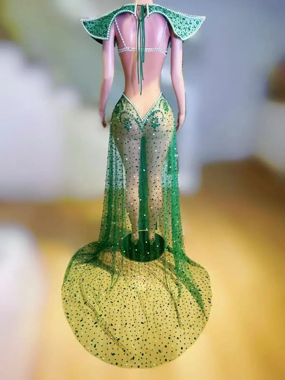 Emerald Rhinestone Bodysuit & Peacock Cloak Set