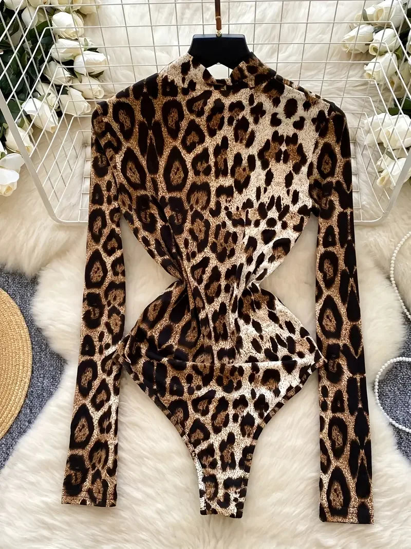 Leopard Print Cutout Long-Sleeve Bodysuit
