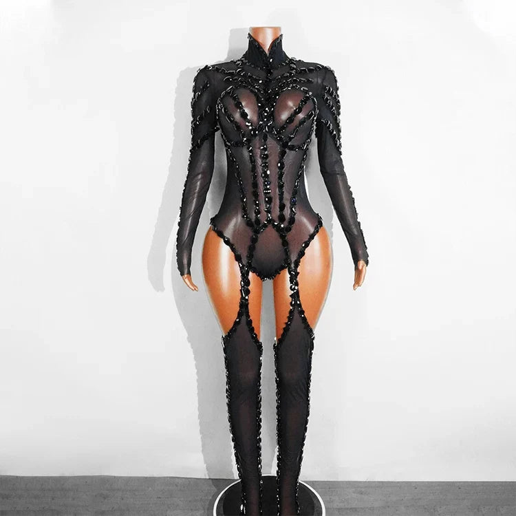 Rhinestone Mesh Festival Jumpsuit Set