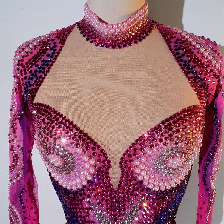 Pink Rhinestone Long-Sleeve Mesh Bodysuit | Stagewear