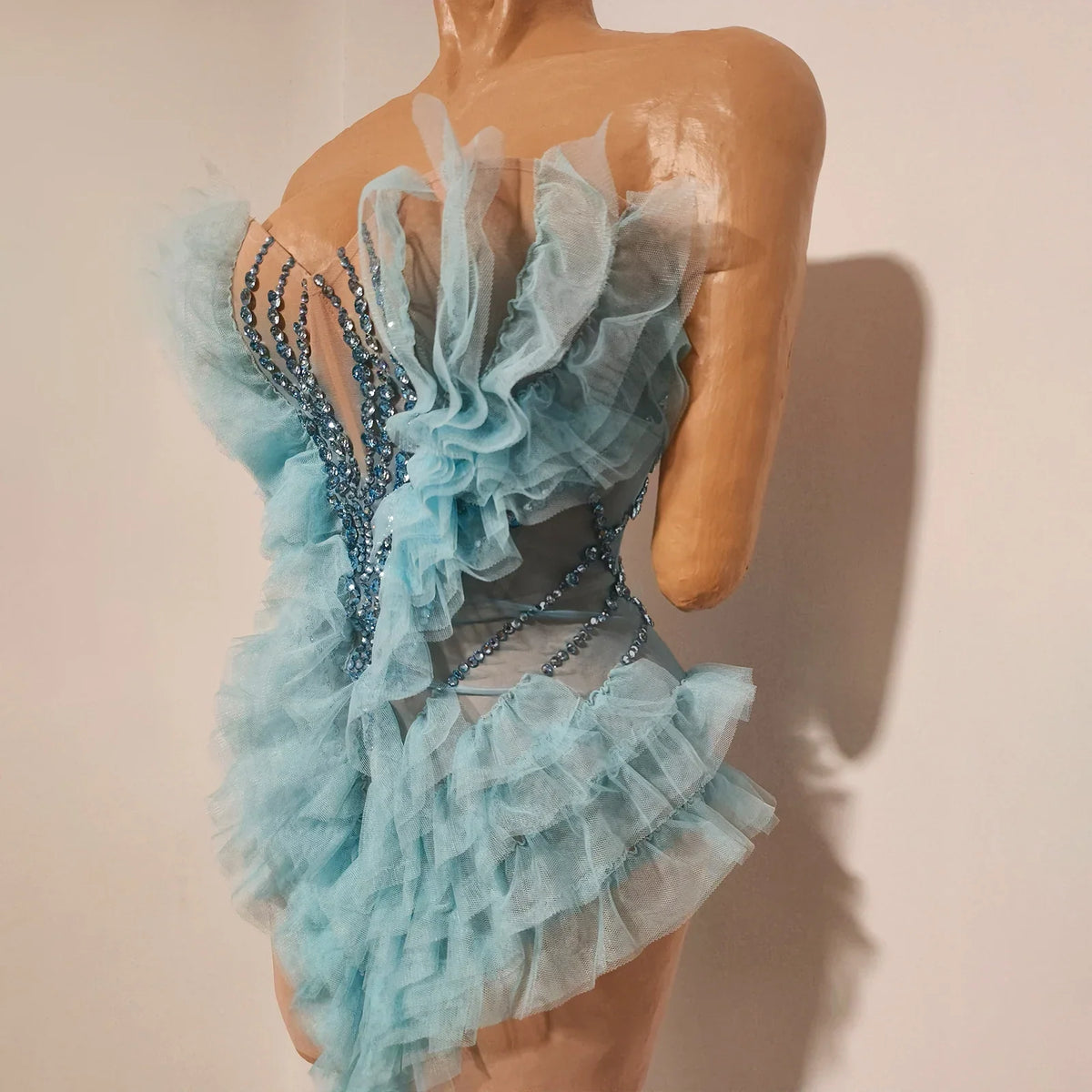 Blue Rhinestone Geometric Mini Dress | Sheer Party Dress