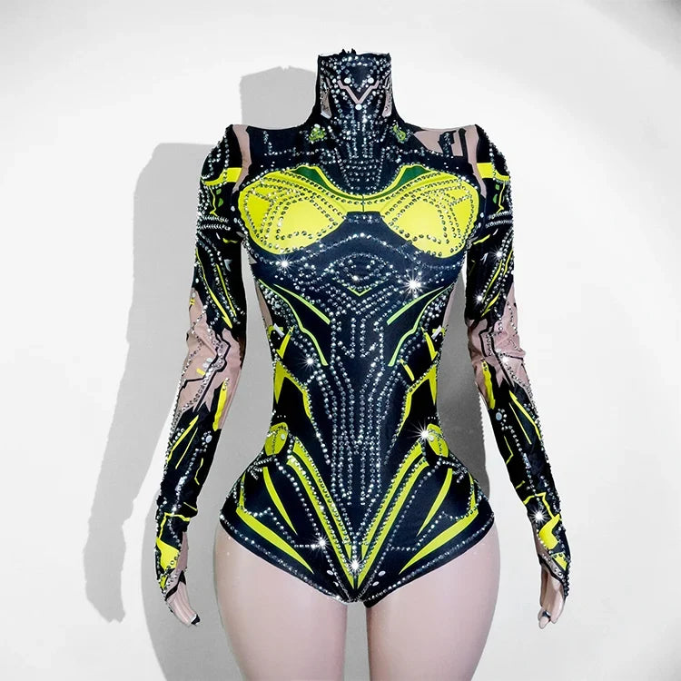 Futuristic Cyber Rhinestone Festival Bodysuit