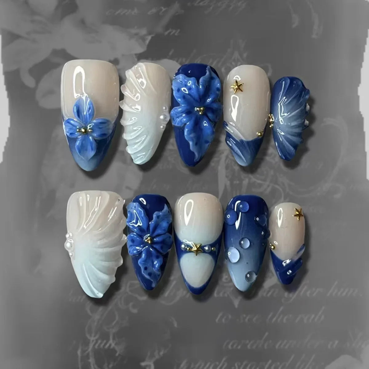 24Pcs 3D Strawberry Rabbit Flower Fake Nails Press on Mid-length Almond Wearable False Nails Green Gradient Pearl Manicure Tips