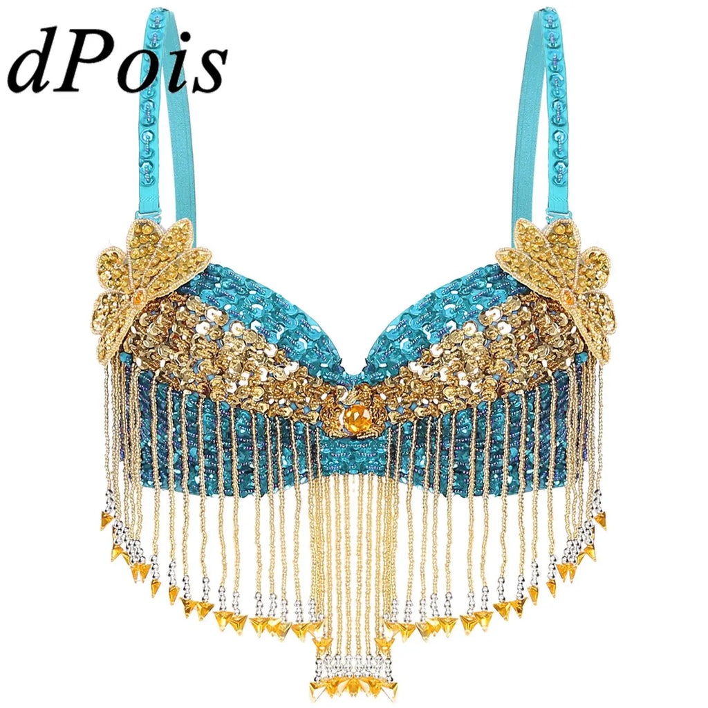 Sparkly Floral Beaded Sequin Belly Dance Bra & Tassel Performance Top