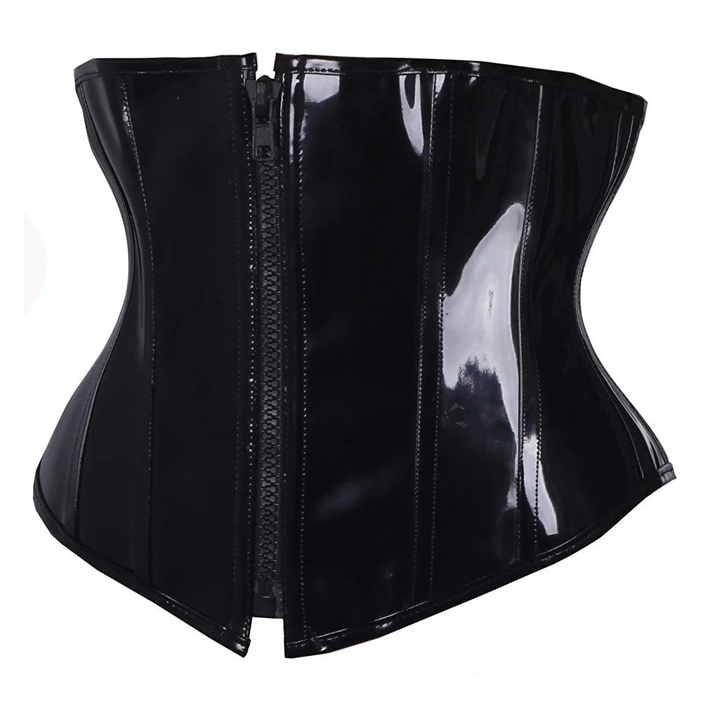 Shiny PU Leather Steampunk Underbust Corset Zipper Front Waist Cincher