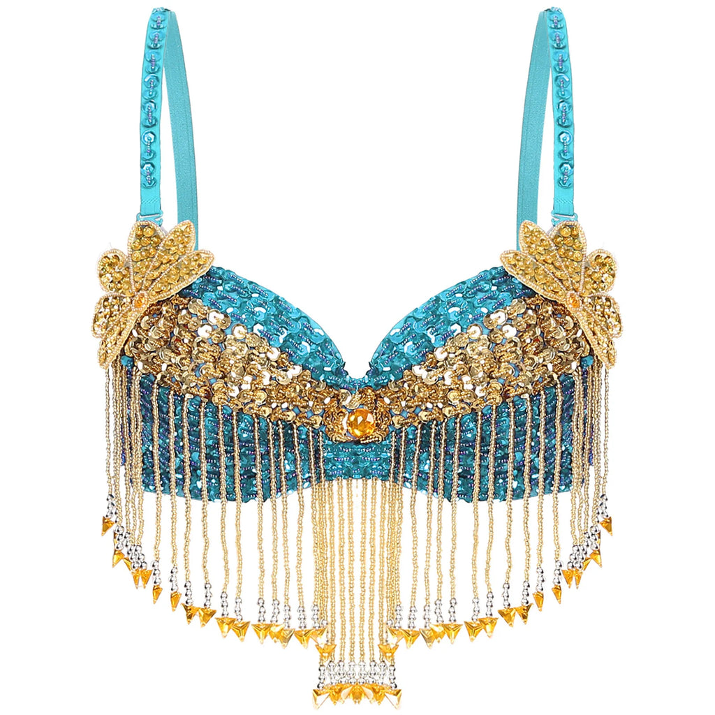 Sparkly Floral Beaded Sequin Belly Dance Bra & Tassel Performance Top
