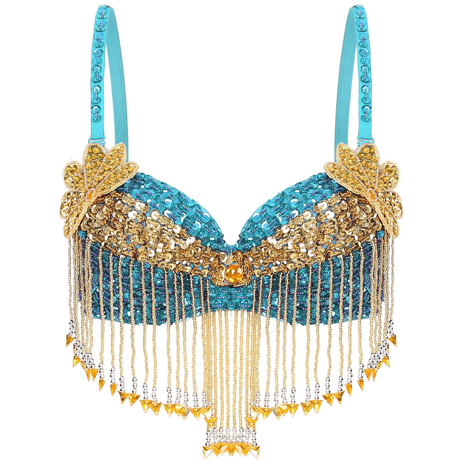 Sparkly Floral Beaded Sequin Belly Dance Bra & Tassel Performance Top