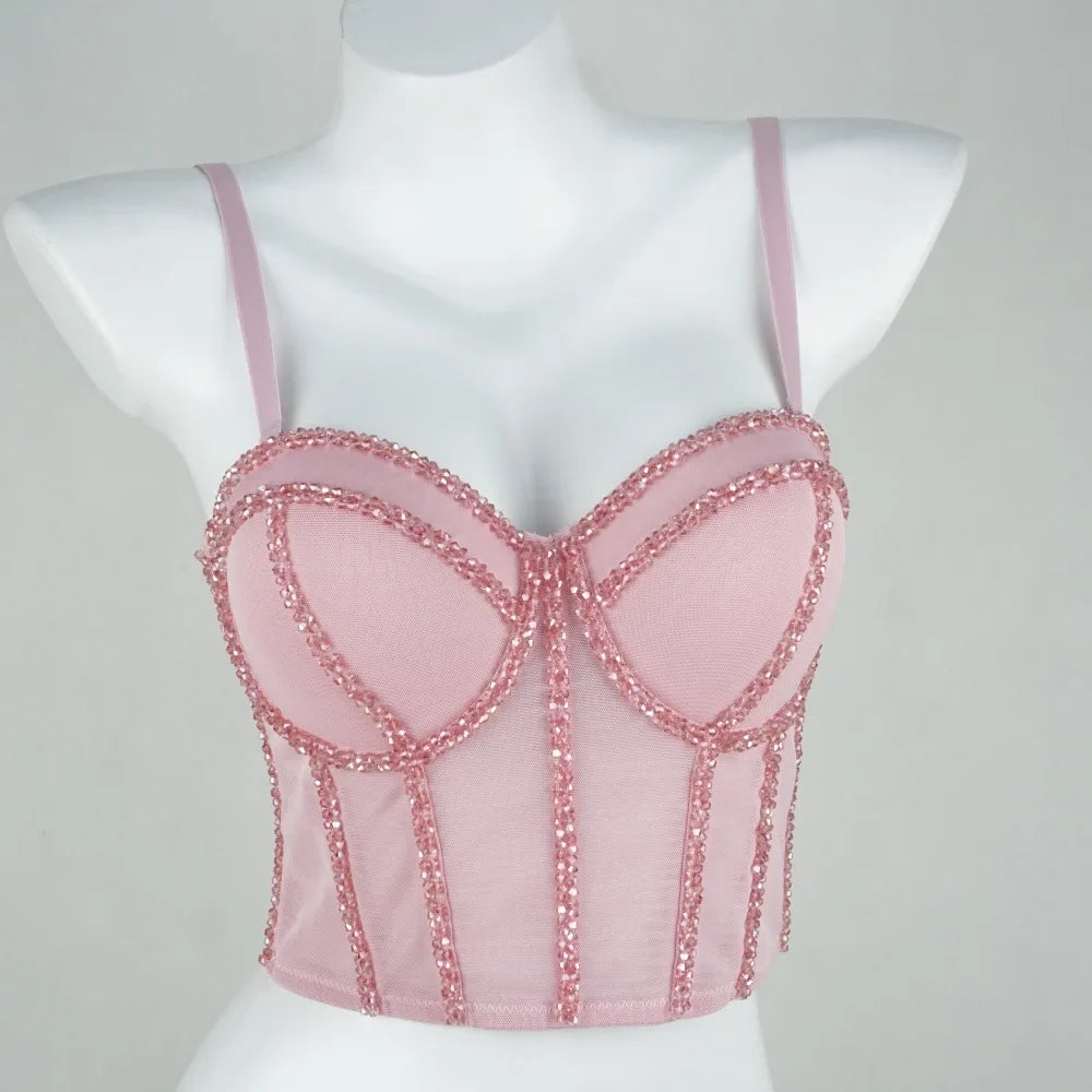 Pearl Beaded Bustier Corset Crop Top Push-Up Evening Party Camisole