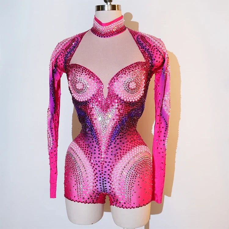 Pink Rhinestone Long-Sleeve Mesh Bodysuit | Stagewear