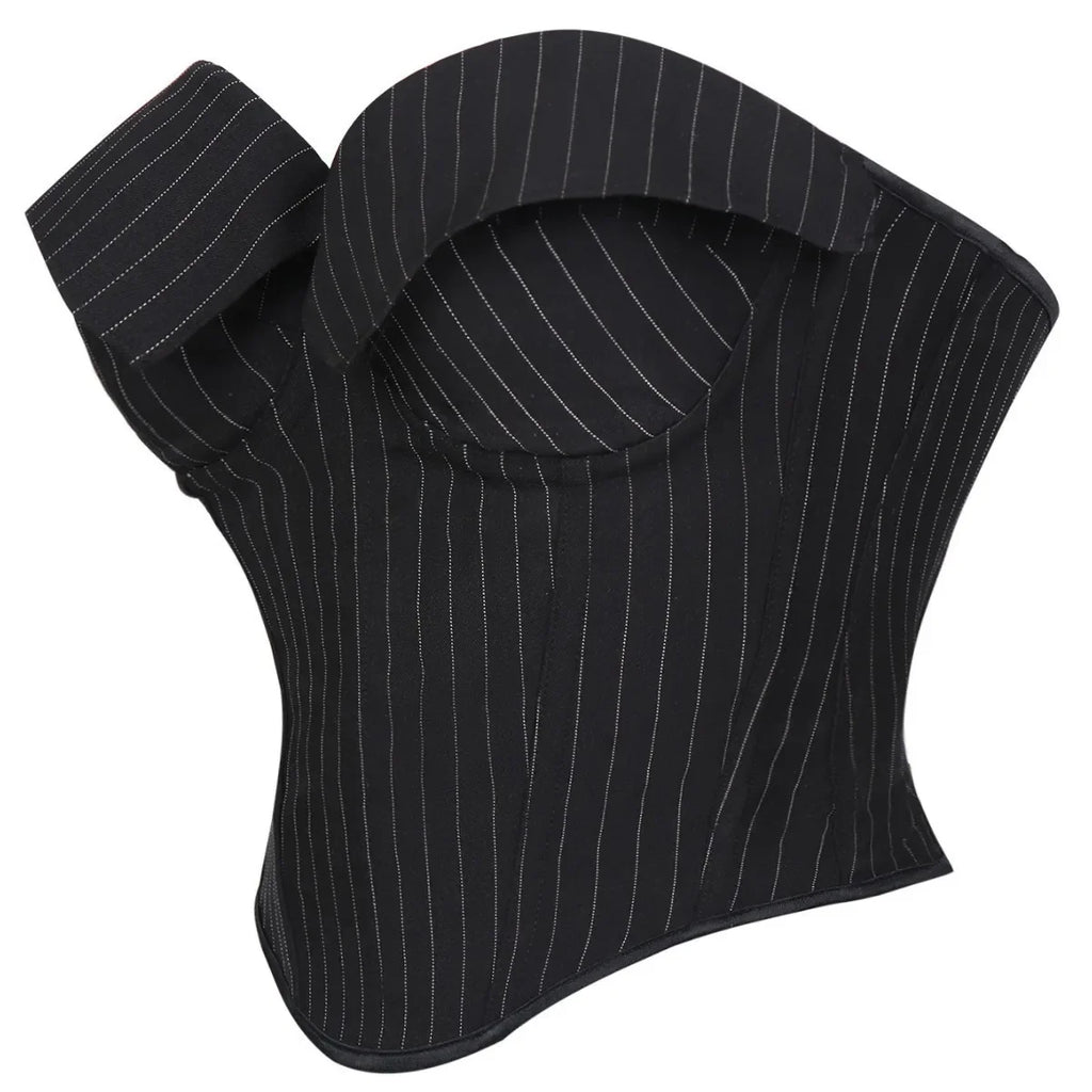 Black Striped Overbust Corset Top Zipper Front Lace-Up Bustier Body Shaper