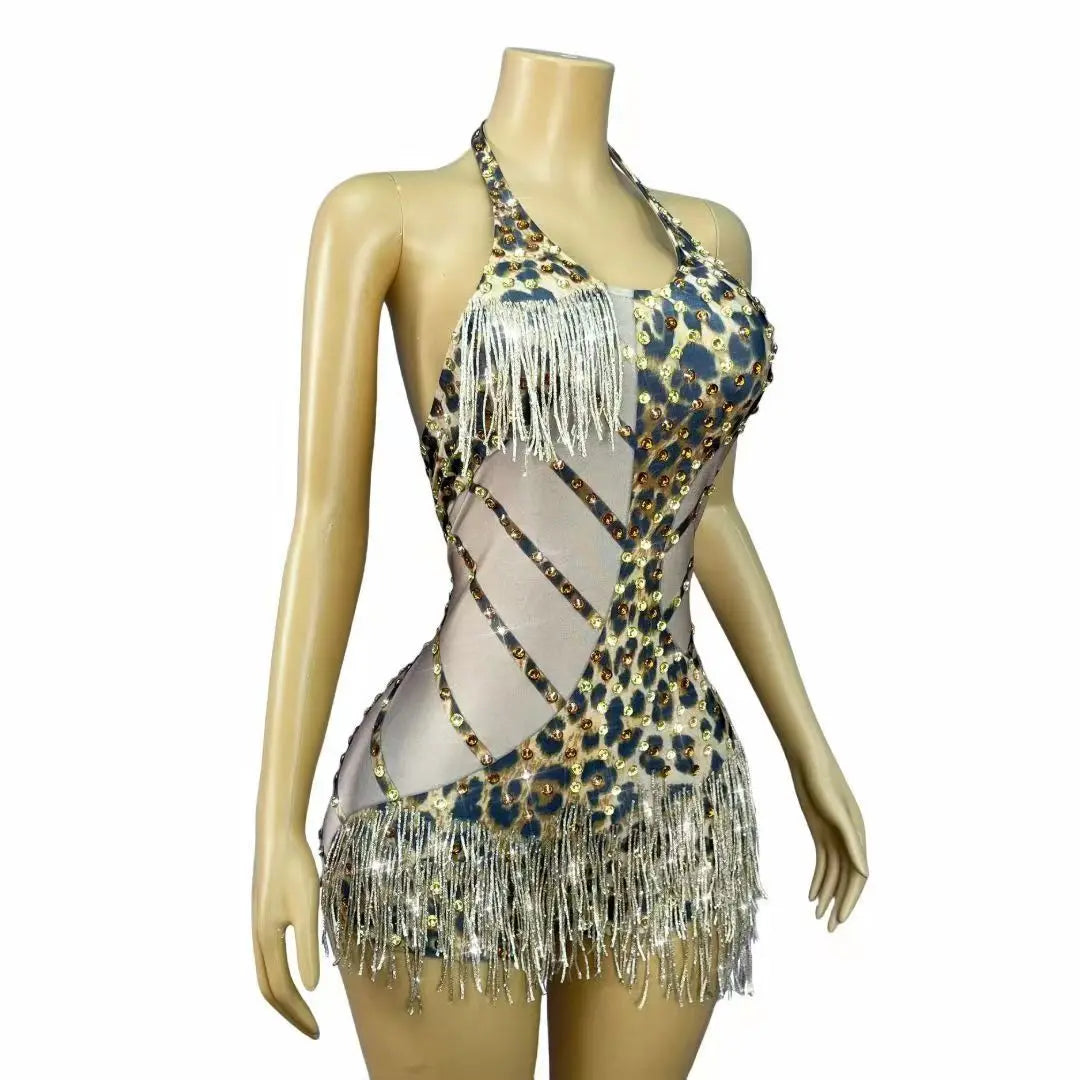 Leopard Crystal Fringe Festival Bodysuit