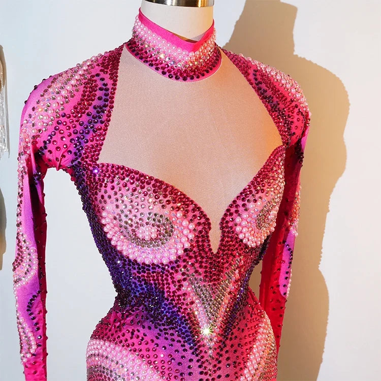 Pink Rhinestone Long-Sleeve Mesh Bodysuit | Stagewear