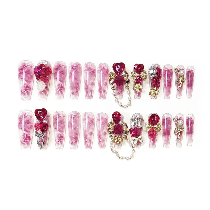 24pcs New Year Heavy Metal Press on Nails Chinese Bride Wedding Fake Nails Full Cover Wearable Shiny Large Crystal False Nails
