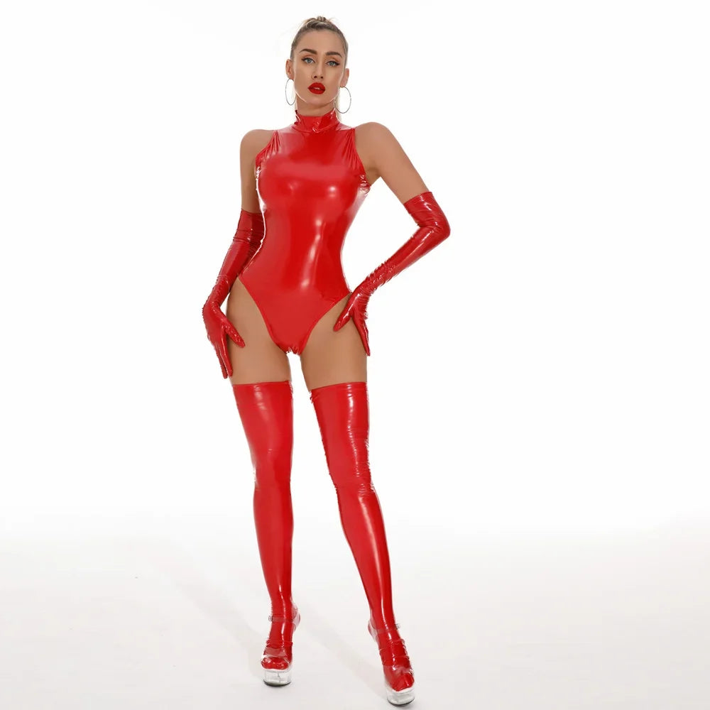 Glossy Faux-Leather Bodysuit, Gloves & Stockings Set