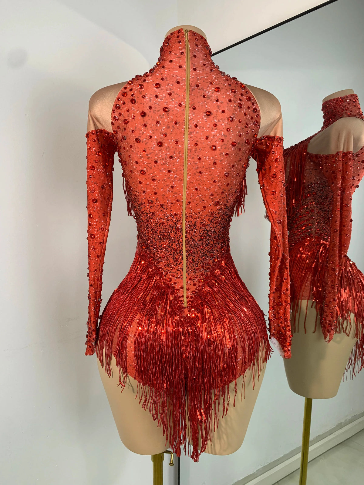 Red Rhinestone Fringe Bodysuit | Dance Performance Outfit