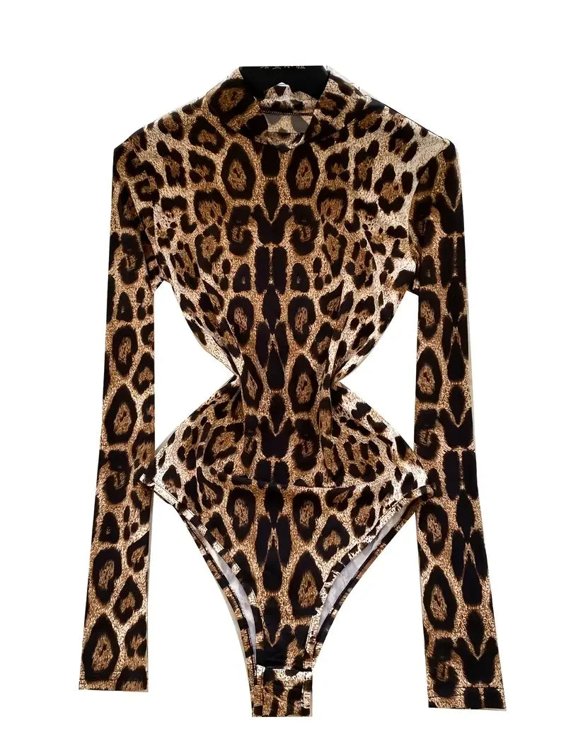 Leopard Print Cutout Long-Sleeve Bodysuit