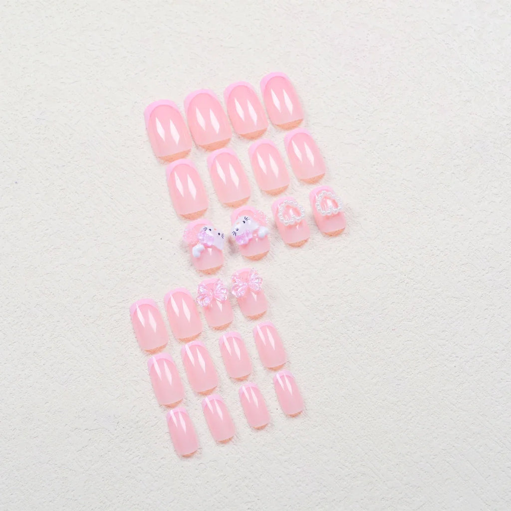 Pink French Bow & Cat Press-On Nails | Square, 24 Pieces