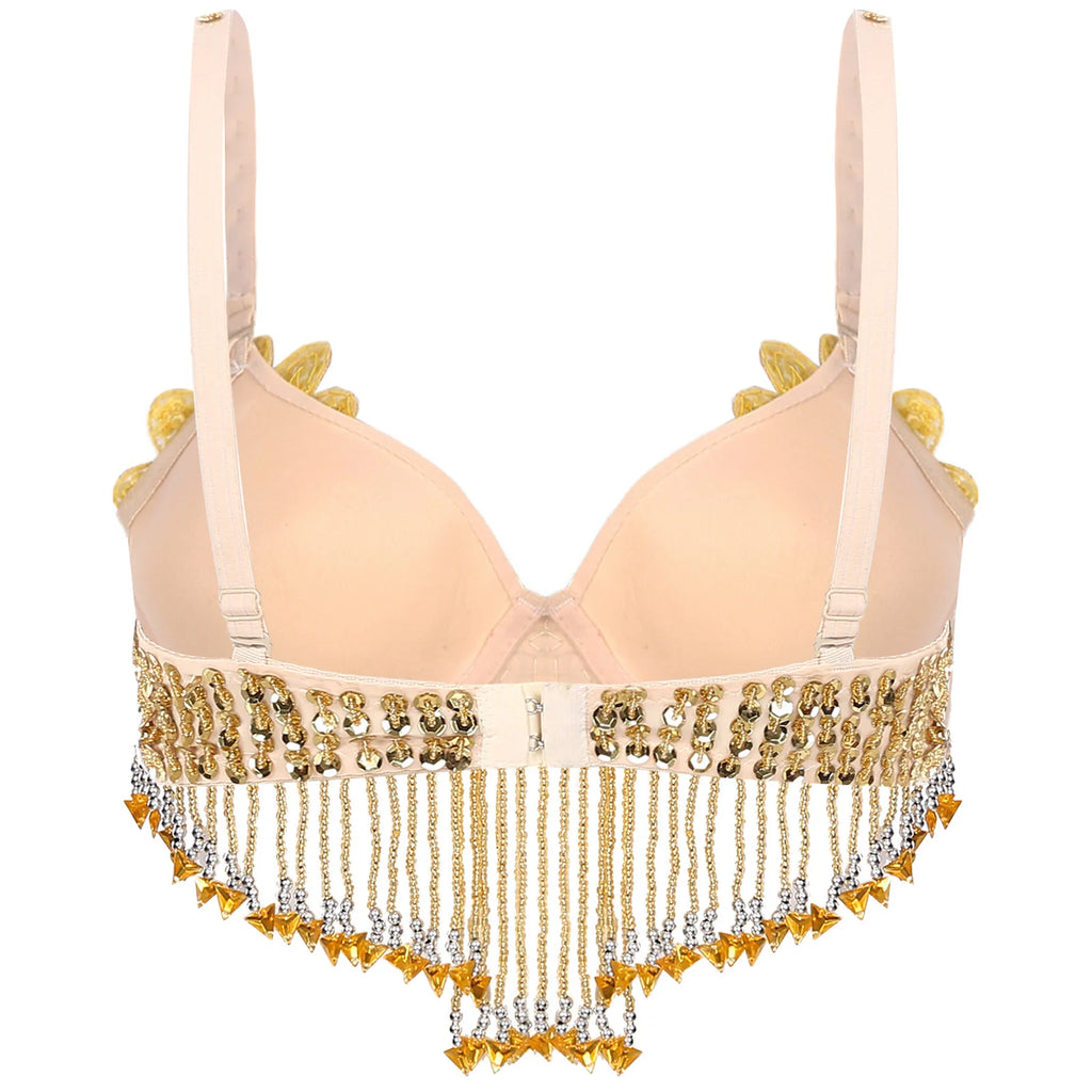 Sparkly Floral Beaded Sequin Belly Dance Bra & Tassel Performance Top