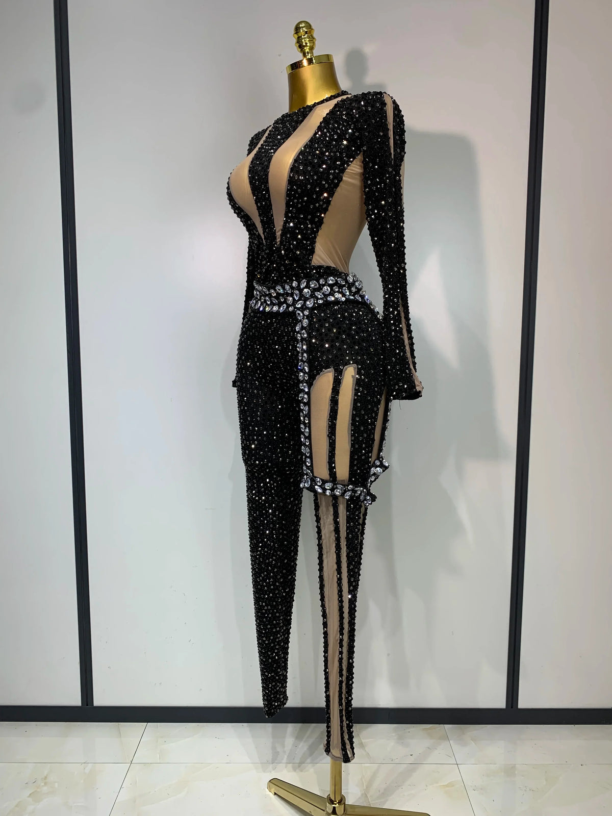 Black Rhinestone Mesh Festival Jumpsuit