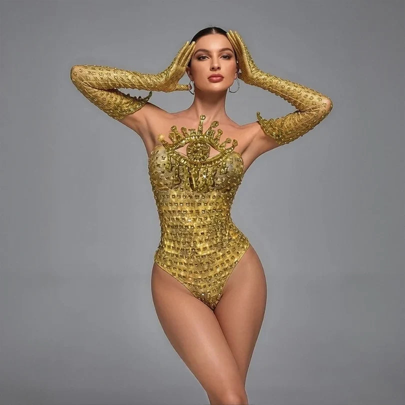 Gold Rhinestone Festival Bodysuit & Gloves Set