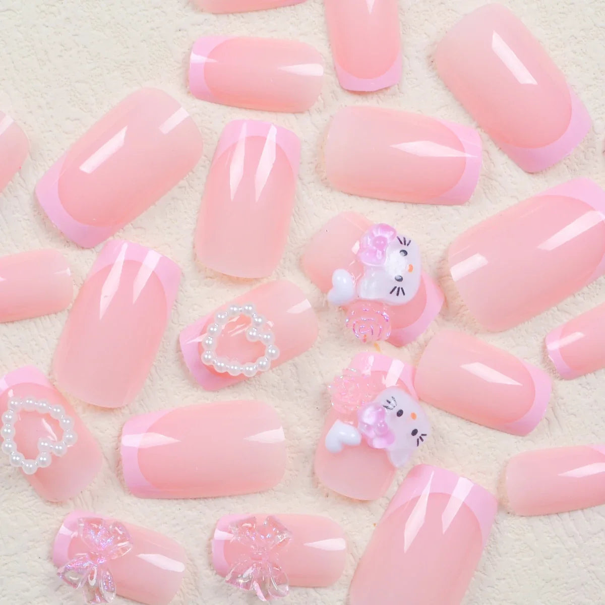 Pink French Bow & Cat Press-On Nails | Square, 24 Pieces
