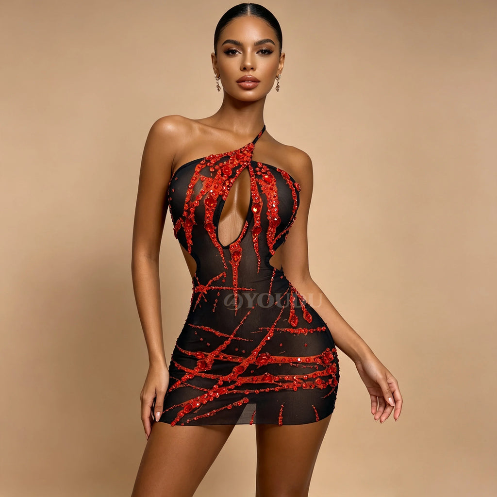 Crimson Rhinestone Mesh Mini Dress