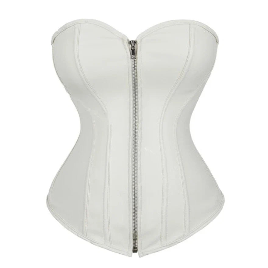Vintage Overbust Faux Leather Corset Front Zip Lace-Up Steampunk Bustier