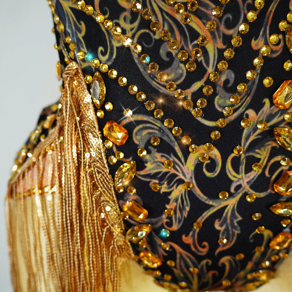 Gold Rhinestone Fringe Bodysuit | Latin Dance Costume