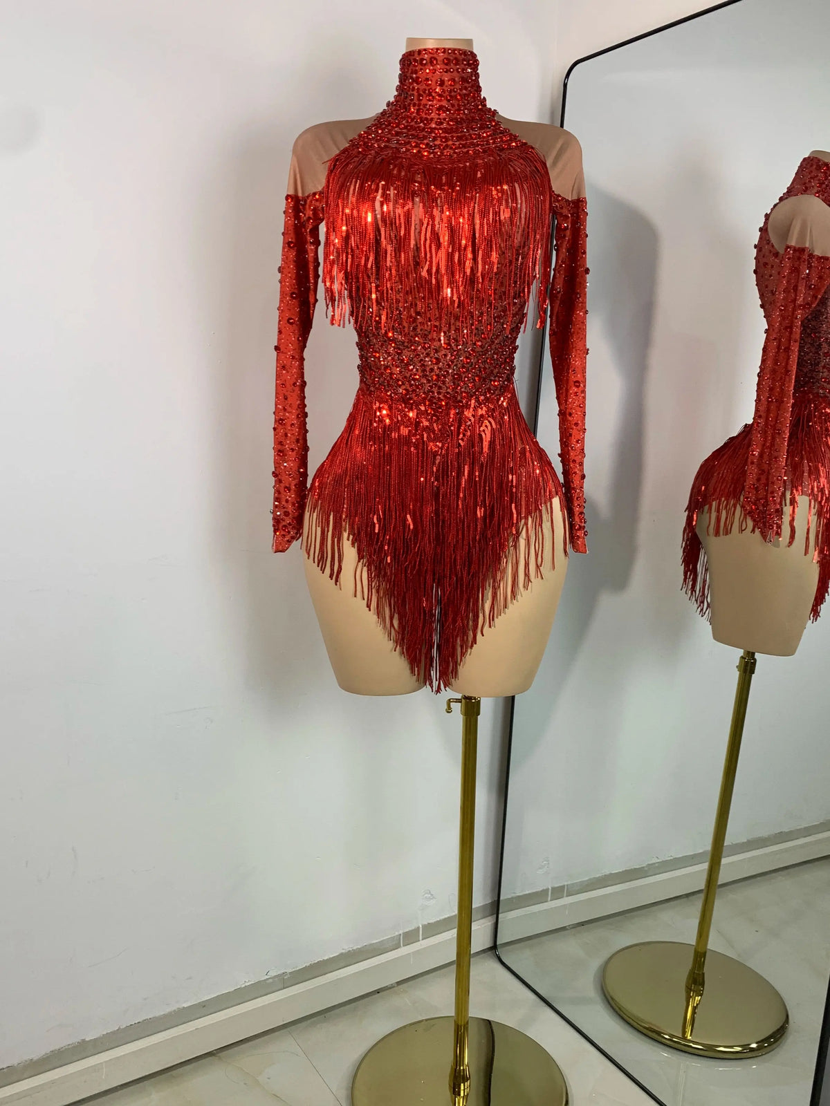 Red Rhinestone Fringe Bodysuit | Dance Performance Outfit