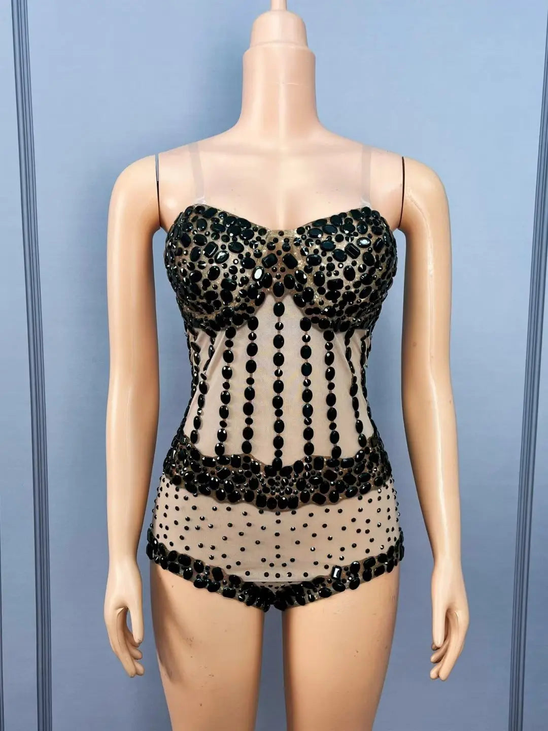 Black Crystal Mesh Rave Bodysuit