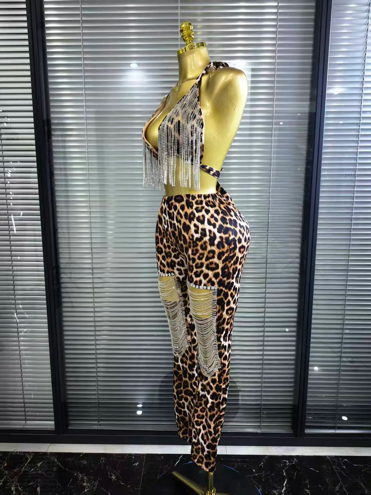 Leopard Print Rhinestone Two-Piece Bodycon Set