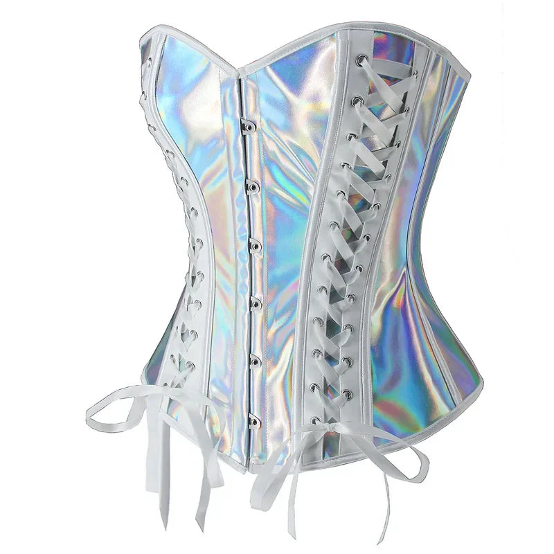 Steampunk Metallic Silver PU Leather Overbust Corset Lace-Up Bustier Top