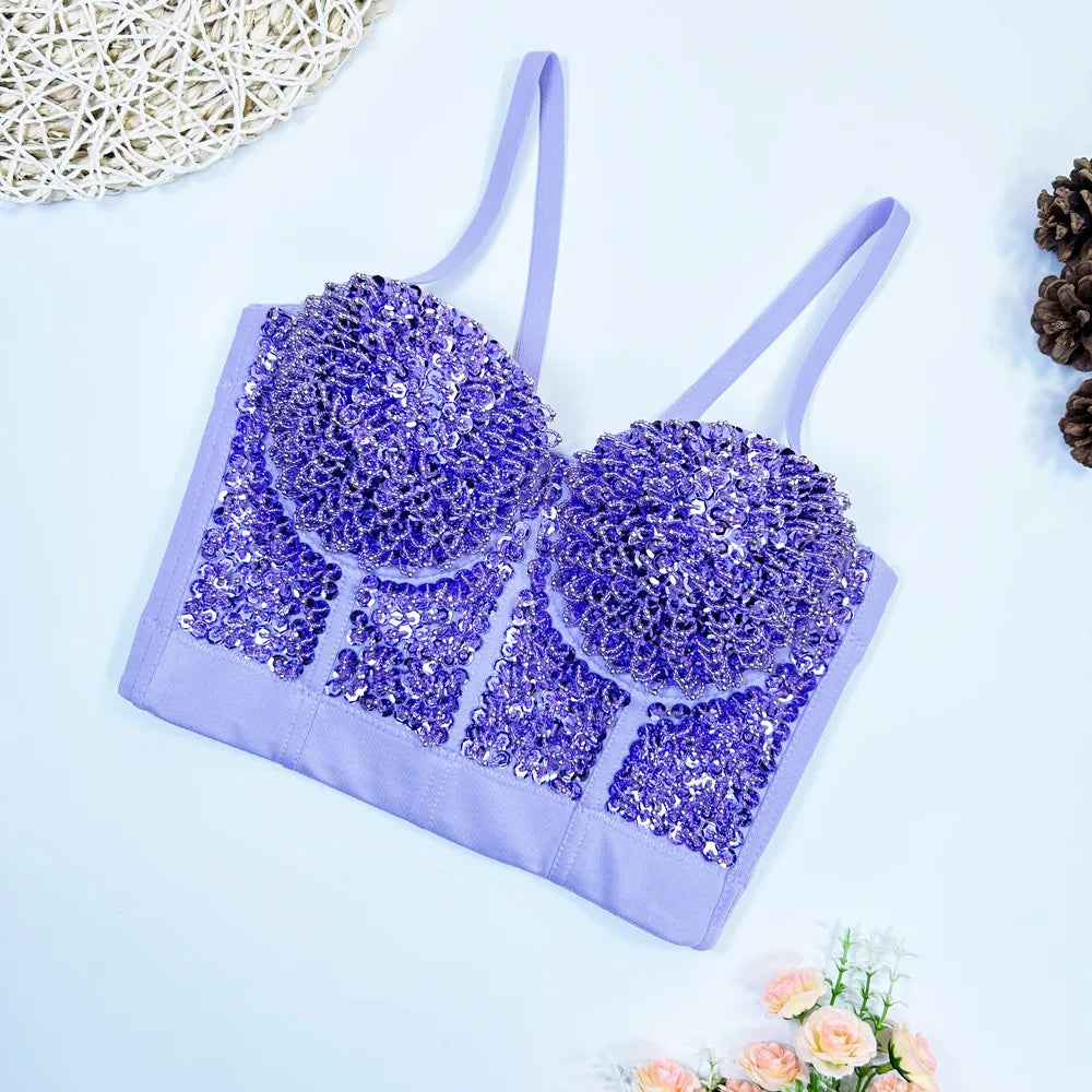 Gold Beaded Sequin Embroidery Bustier Corset Crop Top Party Bralette
