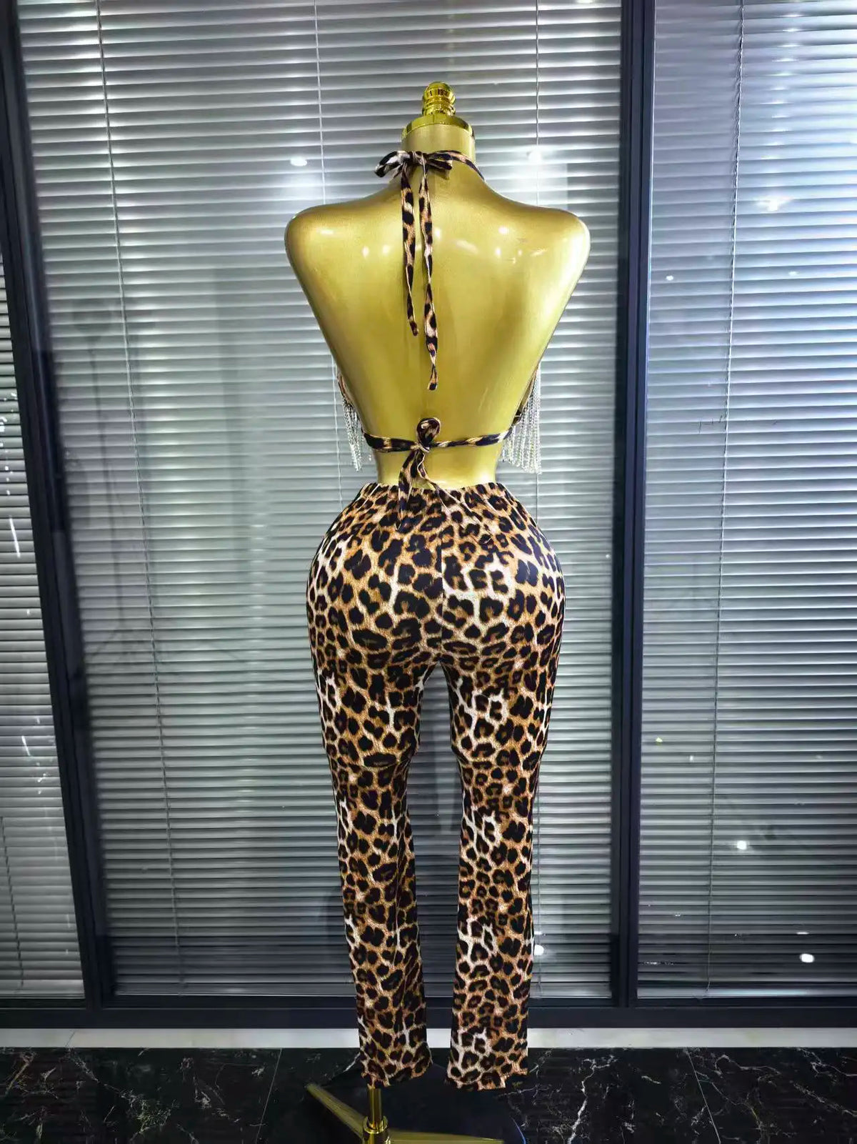 Leopard Print Rhinestone Two-Piece Bodycon Set