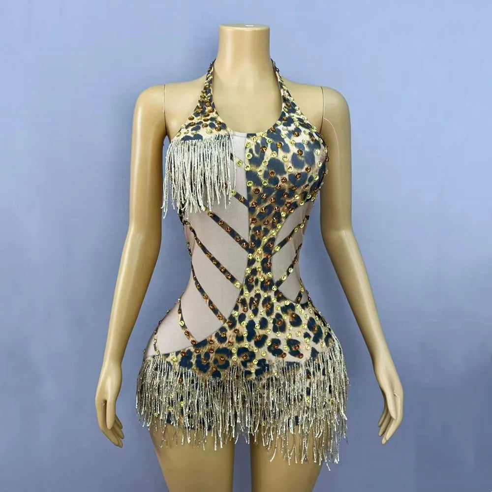 Leopard Crystal Fringe Festival Bodysuit