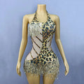 Leopard Crystal Fringe Festival Bodysuit