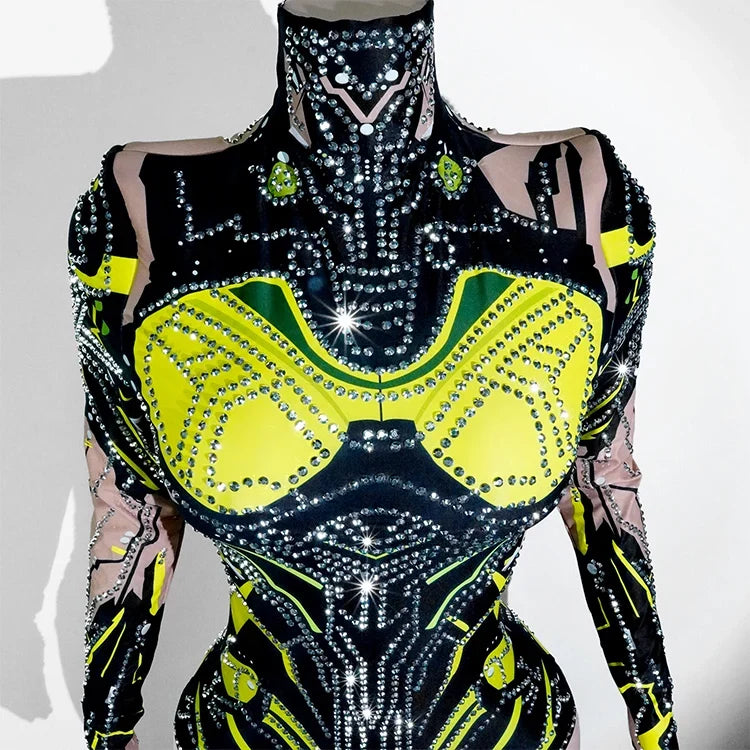 Futuristic Cyber Rhinestone Festival Bodysuit