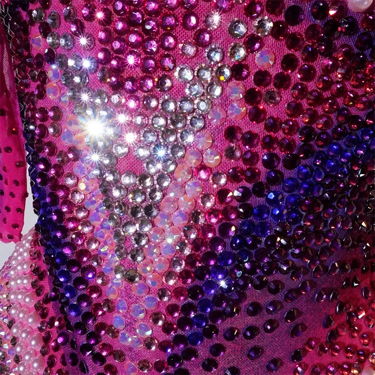 Pink Rhinestone Long-Sleeve Mesh Bodysuit | Stagewear