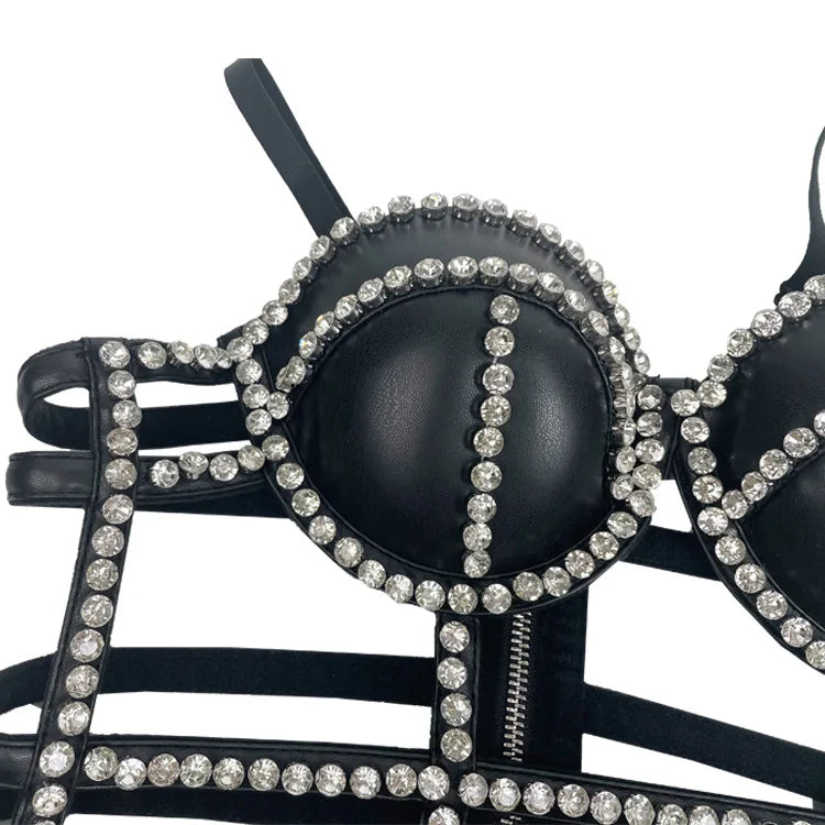 Gothic Studded Faux Leather Bustier Top Cage Strap Party Bralette