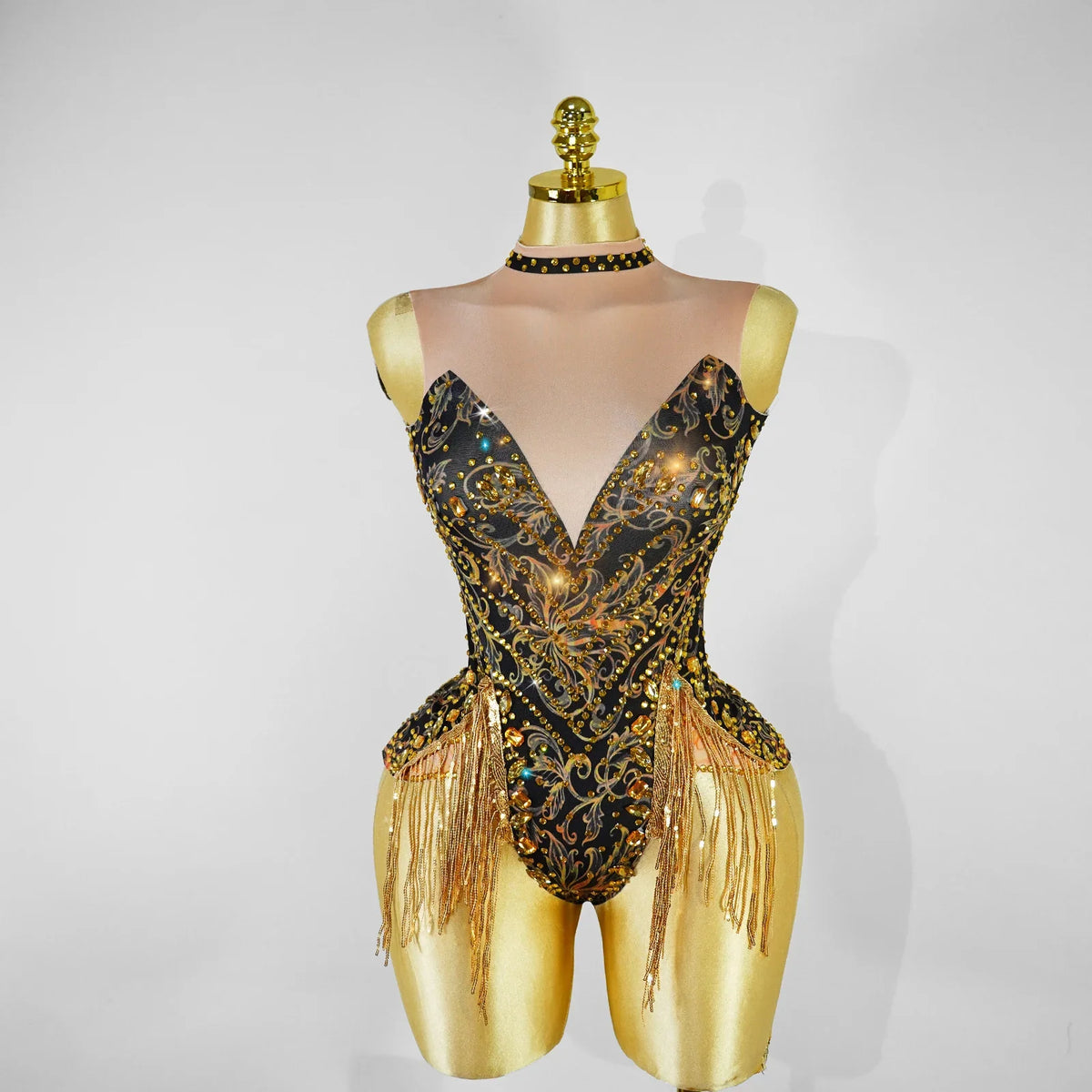 Gold Rhinestone Fringe Bodysuit | Latin Dance Costume