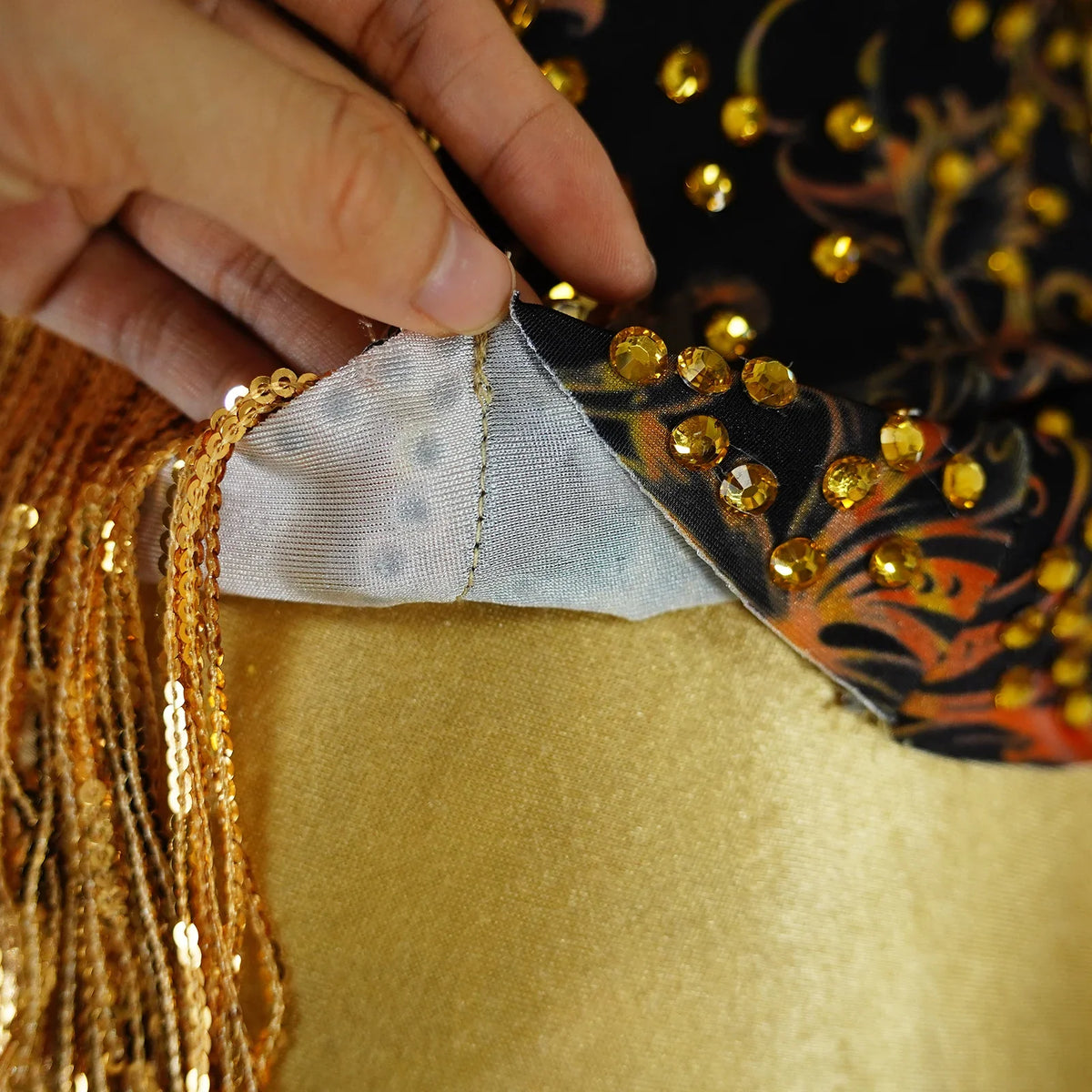 Gold Rhinestone Fringe Bodysuit | Latin Dance Costume