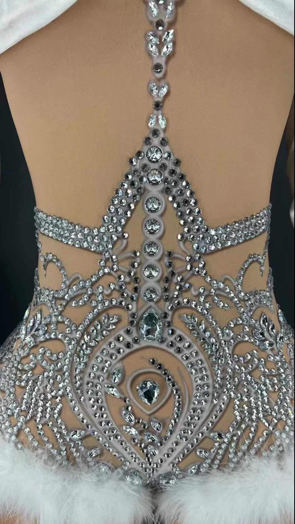 White Rhinestone Feather Bodysuit