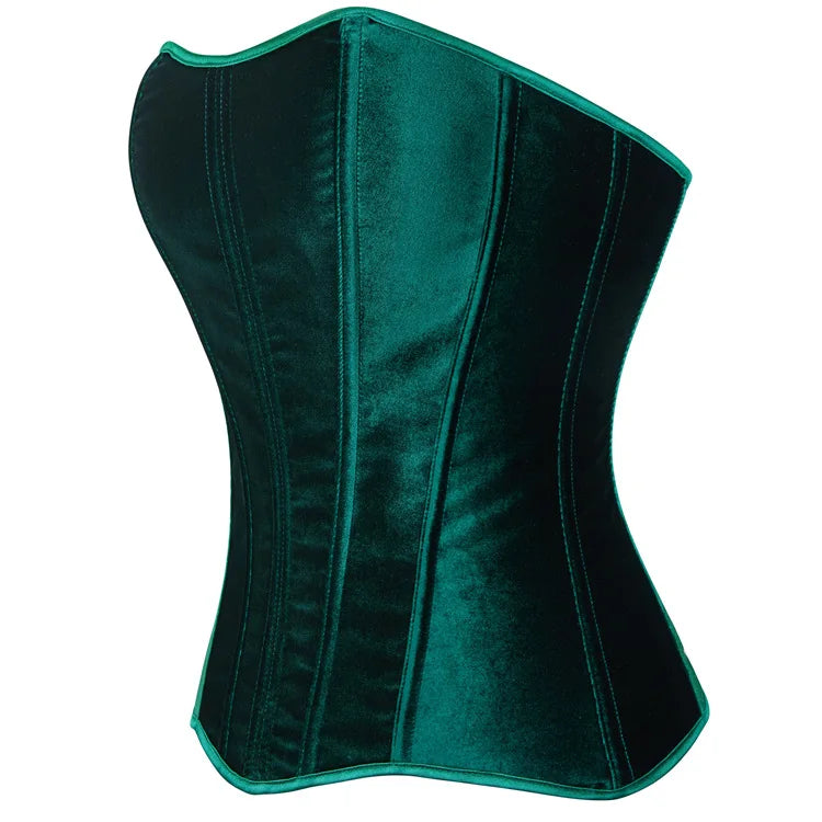 Green Velvet Overbust Corset Top Side Zipper Lace-Up Boned Bustier Top