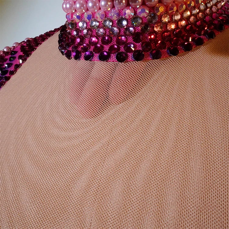 Pink Rhinestone Long-Sleeve Mesh Bodysuit | Stagewear