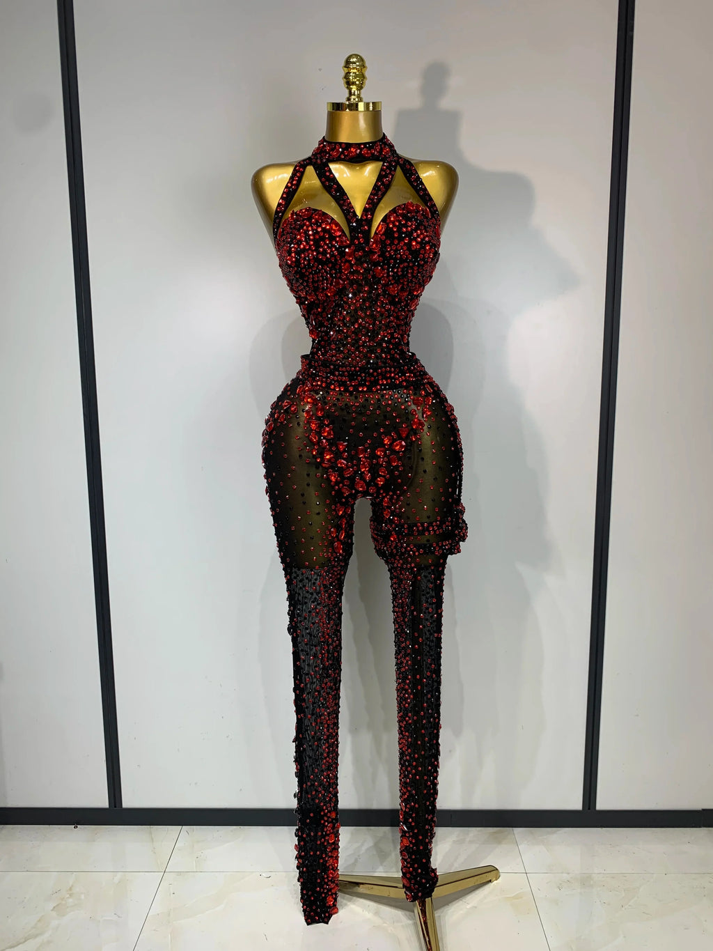 Crimson Diamond Rhinestone Catsuit Sheer Mesh Backless Jumpsuit Stage Costume