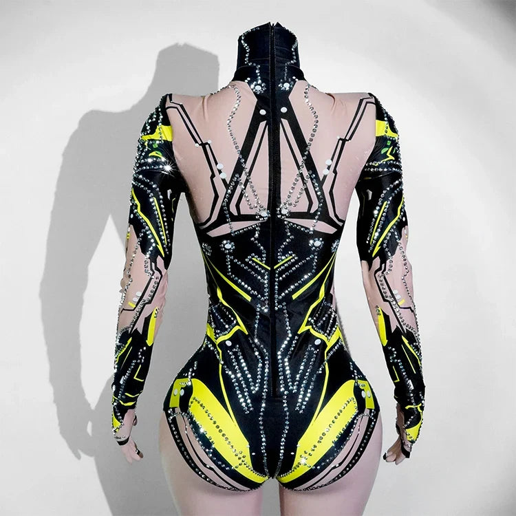 Futuristic Cyber Rhinestone Festival Bodysuit