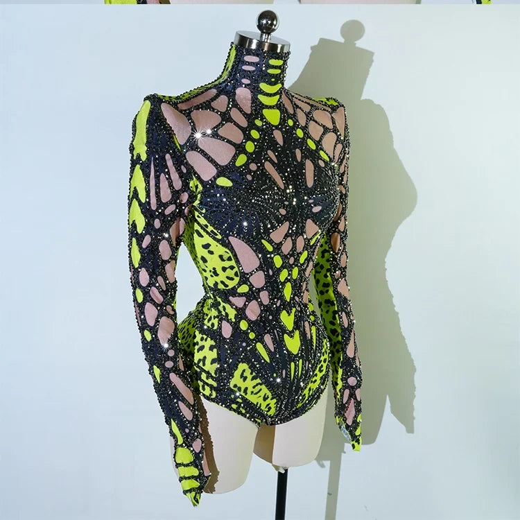 Futuristic Cyber Rhinestone Festival Bodysuit