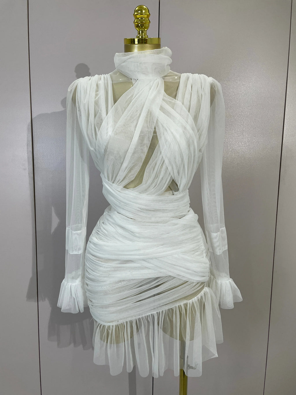 White Sheer Ruffle Mini Dress