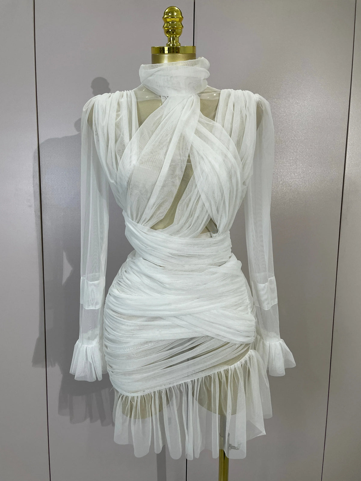 White Sheer Ruffle Mini Dress
